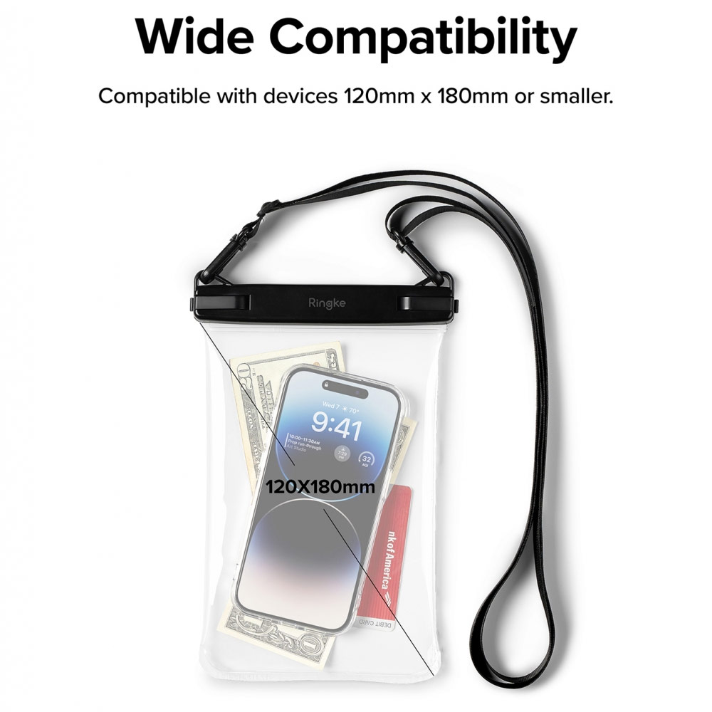 Picture of Ringke IP8X Frameless Waterproof Pouch Transparent Storage Bag with Strap for Smartphone (Black)