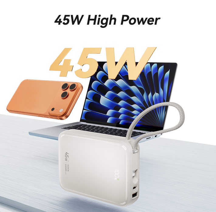 Picture of ROCK Interstellar CCC Certified 45W Power Bank with Built-in Cables 20000mAh Travel Portable Small Palm Size Compact Mini Power Bank powerbank with Multiple Built in Cable USB C USB L (Blue)