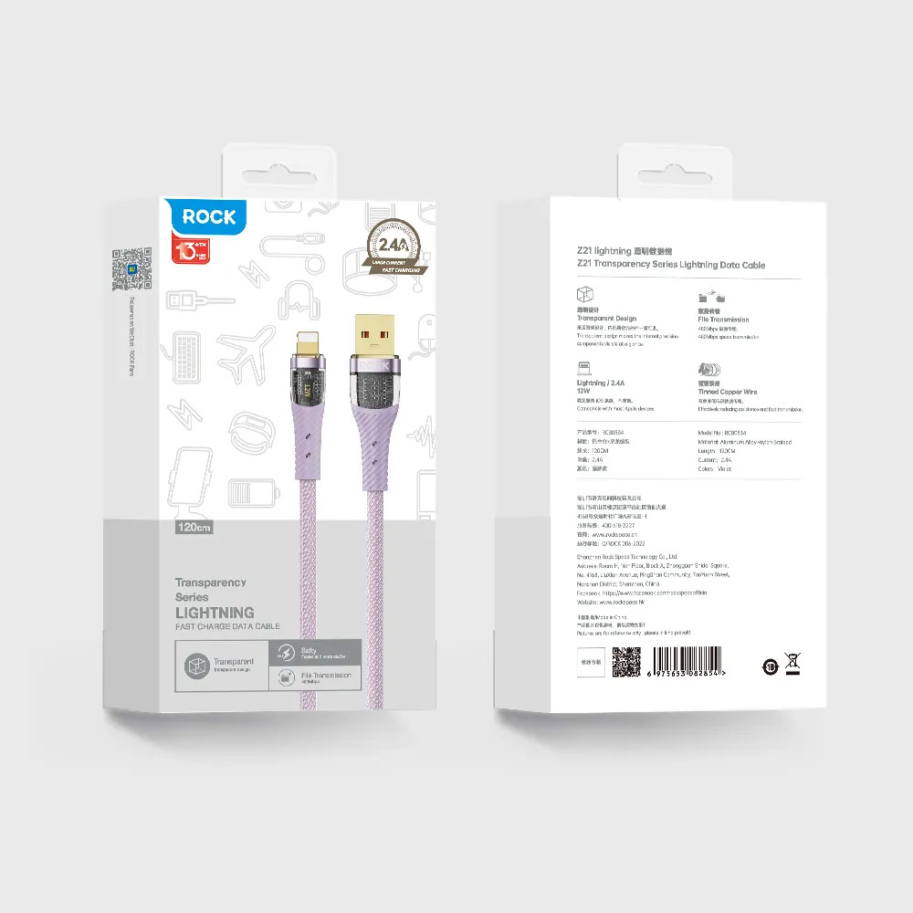 Picture of ROCK Z21 2.4A Transparent Series Fast Charging Data Cable USB-A to Lightning Cable (Black)