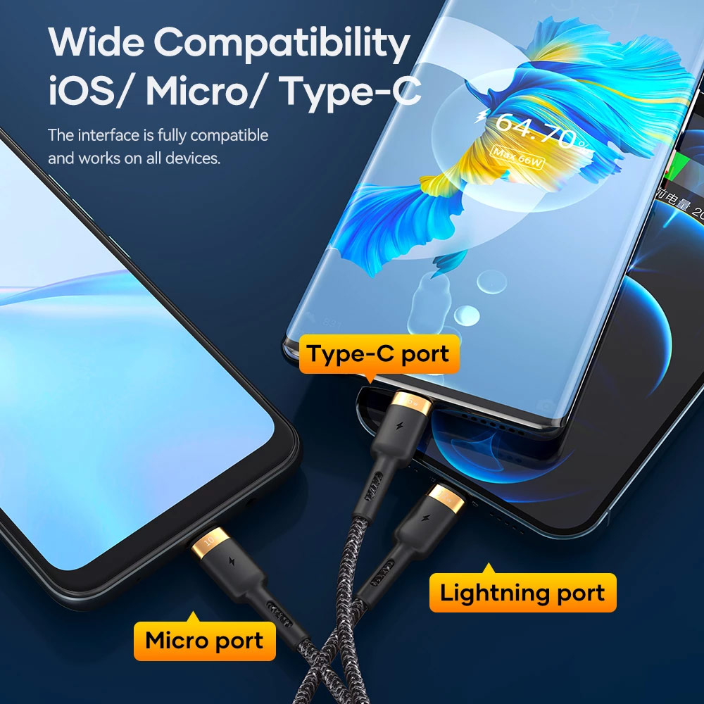 Picture of ROCK 3 in 1 USB Cable For iPhone 13 12 Pro Type C Micro USB C Cable 66W Fast Charging For Xiaomi Samsung VOOC OPPO OnePlus Realme Fast Charge