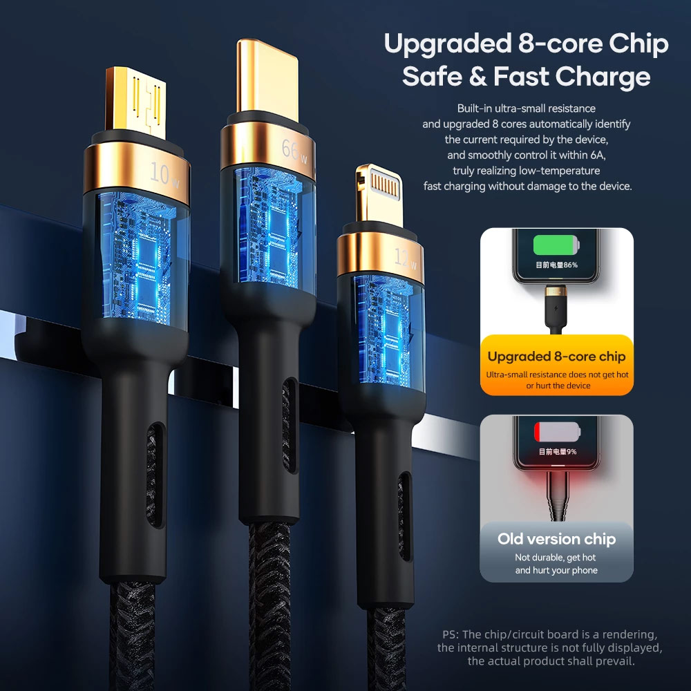 Picture of ROCK 3 in 1 USB Cable For iPhone 13 12 Pro Type C Micro USB C Cable 66W Fast Charging For Xiaomi Samsung VOOC OPPO OnePlus Realme Fast Charge