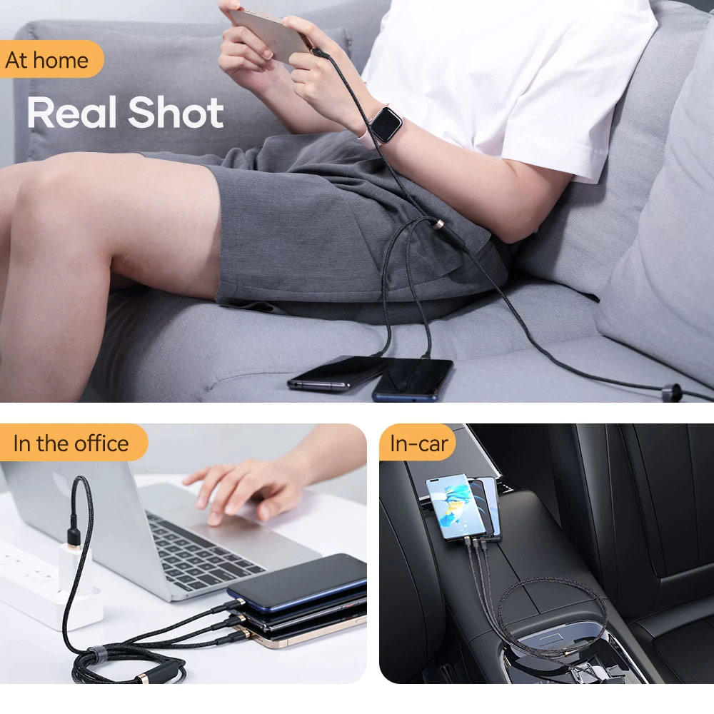 Picture of ROCK 3 in 1 USB Cable For iPhone 13 12 Pro Type C Micro USB C Cable 66W Fast Charging For Xiaomi Samsung VOOC OPPO OnePlus Realme Fast Charge