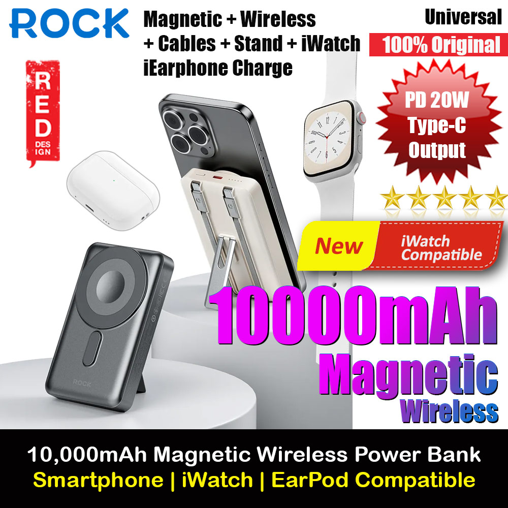 Picture of Rock Magnetic PD20W 15W Magnetic Wireless Charging Fast Charge 10000mAh Travel Portable Power Bank powerbank with Built in Stand Cable for Apple Watch AirPods Smartphones (Grey) Red Design- Red Design Cases, Red Design Covers, iPad Cases and a wide selection of Red Design Accessories in Malaysia, Sabah, Sarawak and Singapore 