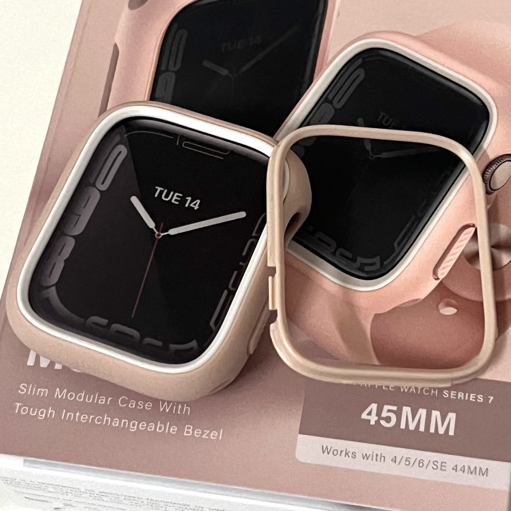 Picture of Apple Watch 45mm Case | Uniq Moduo Mix and Match Color TPU Bumper with Polycarbonate Bezel Series Case for Apple Watch 45mm 44mm (Pink White)