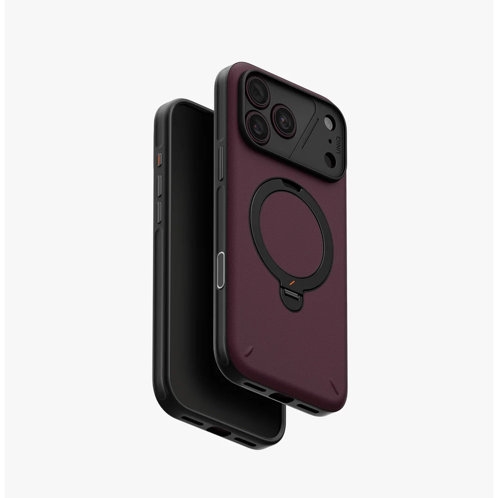 Picture of Apple iPhone 18 Pro Case | Uniq Elix 360 Kickstand Leather Drop Protection Magnetic Case with Camera Control Button for iPhone 18 Pro - Deep Maroon