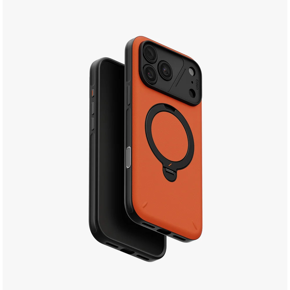 Picture of Apple iPhone 18 Pro Max Case | Uniq Elix 360 Kickstand Leather Drop Protection Magnetic Case with Camera Control Button for iPhone 18 Pro Max  - Volt Orange